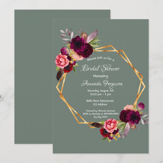 Invitación Ducha de novia salvia verde floral burgundy (Anverso / Reverso)