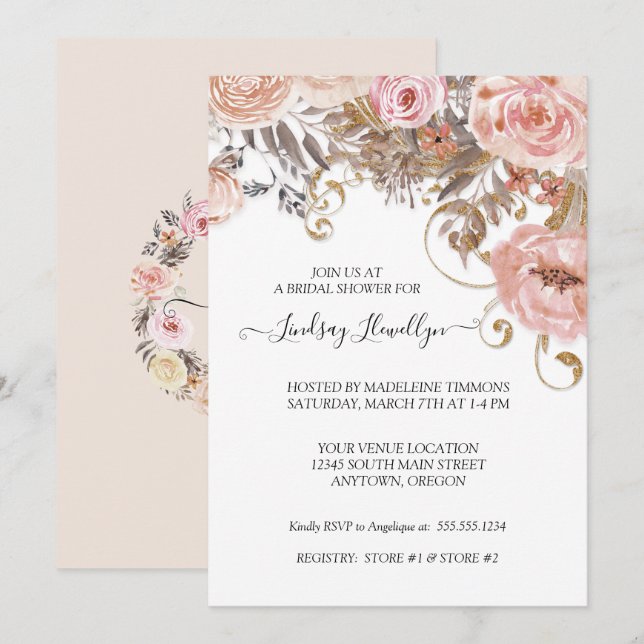 Invitación Ducha de Novia Seca Floral Boho Rosa Dorada Meloco (Anverso / Reverso)
