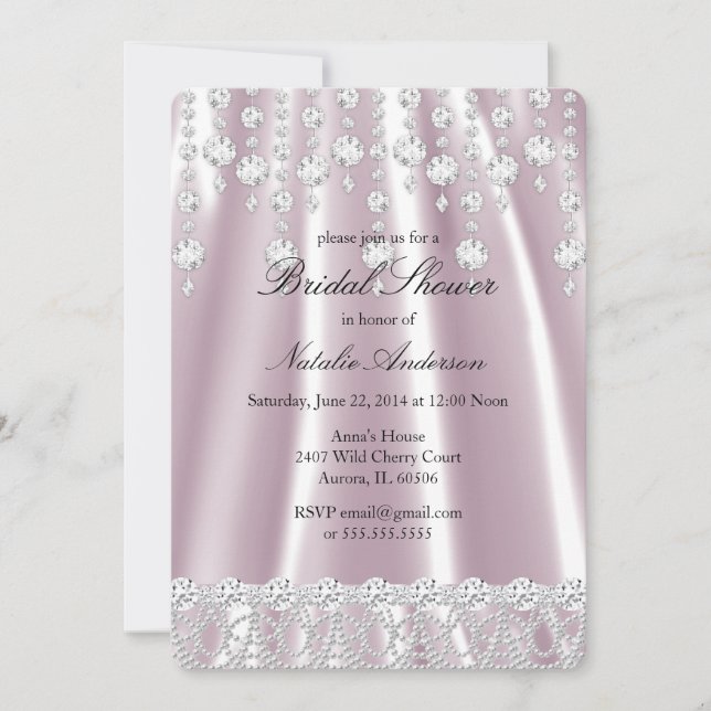 Invitación Ducha de novia Seda rosa Cristal de diamante (Anverso)
