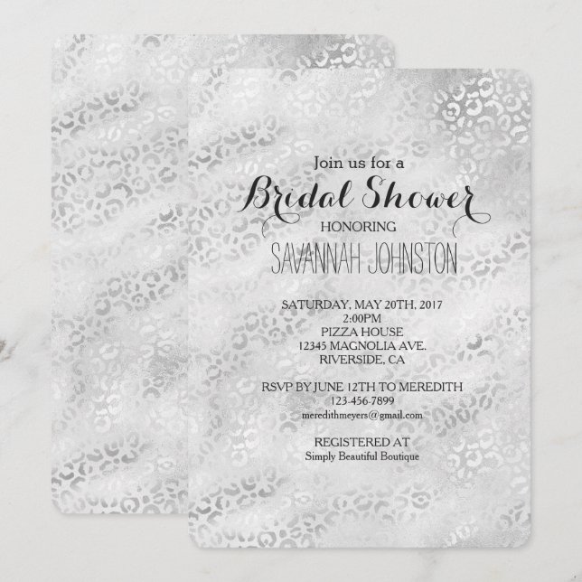 Invitación Ducha de novia Silver Leopard Print (Anverso / Reverso)