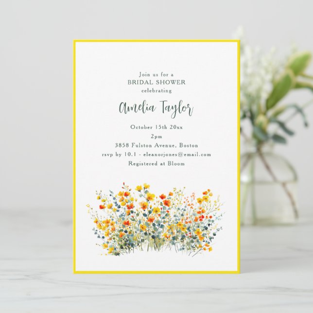 Invitación Ducha de Novia Silvestre con Borde Amarillo de Pri (Anverso de pie)