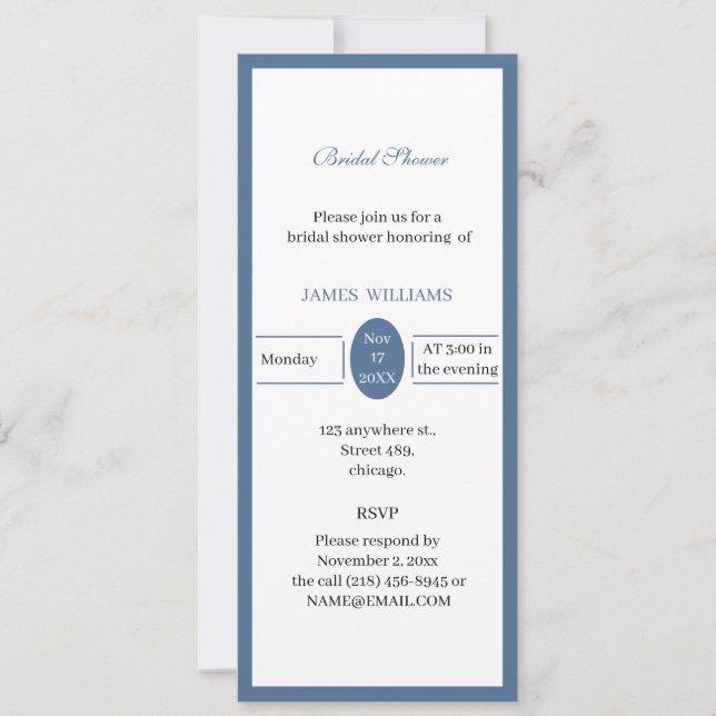 Invitación Ducha de novia simple estética azul personalizada (Anverso)