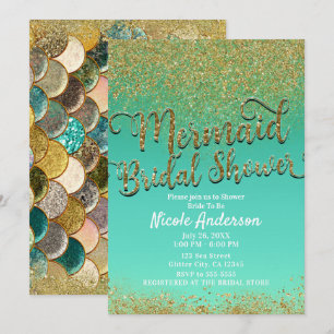 Invitación Ducha de Novia Sirena Glam Brillante Dorado & Turq