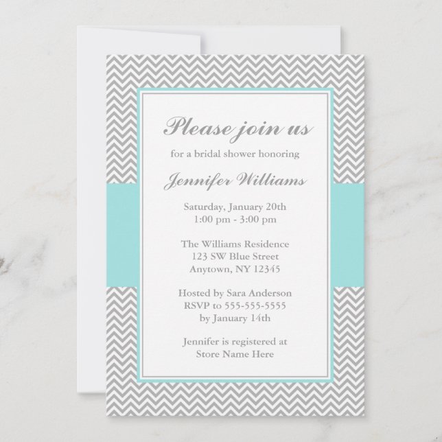 Invitación Ducha de novia suave azul y gris Chevron (Anverso)