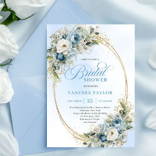Invitación Ducha de Novia Suave Boho Polvoriento Floral Azul