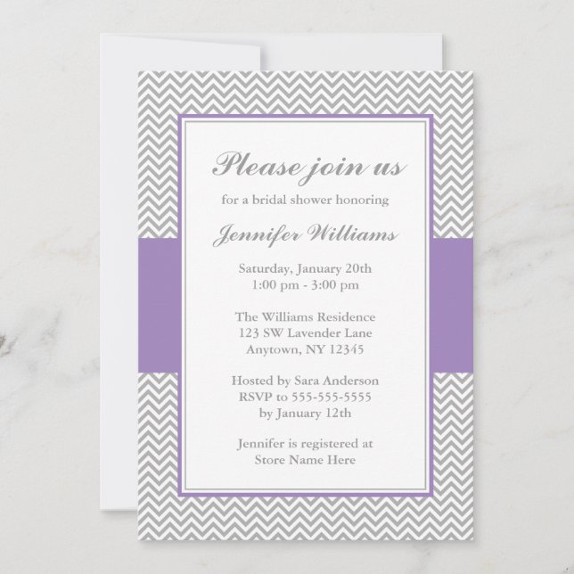 Invitación Ducha de novia suave violeta y gris Chevron (Anverso)