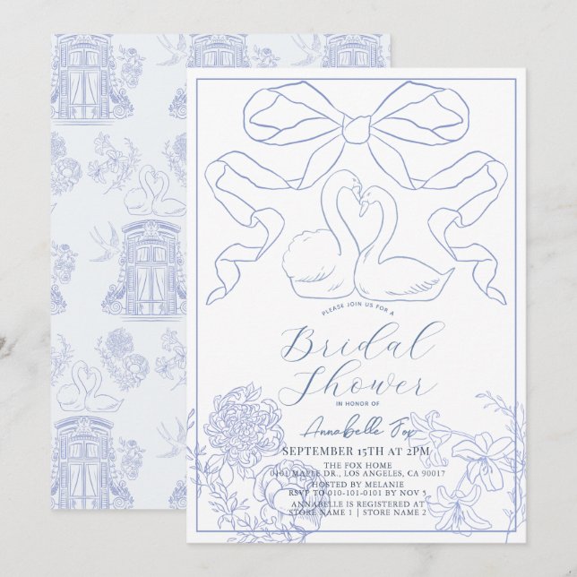 Invitación Ducha de novia Swan Blue Toile de Jouy (Anverso / Reverso)