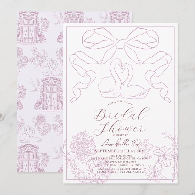 Invitación Ducha de novia Swan Pink Toile de Jouy (Anverso / Reverso)