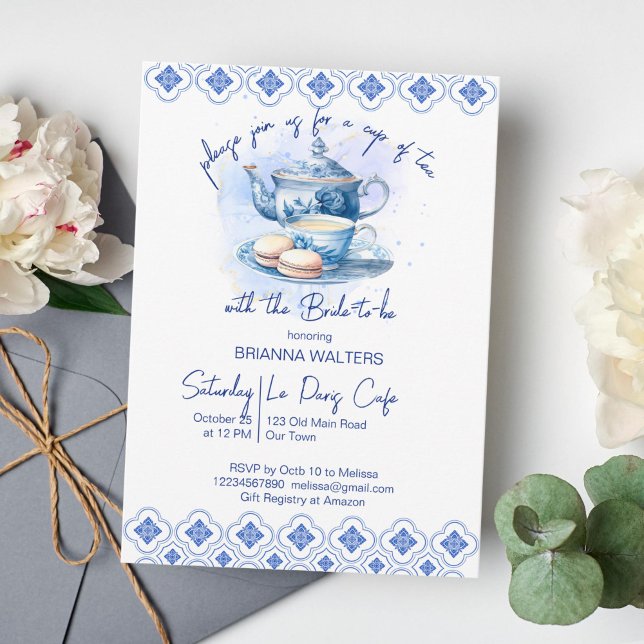 Invitación Ducha de novia té fiesta azulejos azules tetera (Bridal shower tea party something blue tiles template invitation instant download blue tea pot)