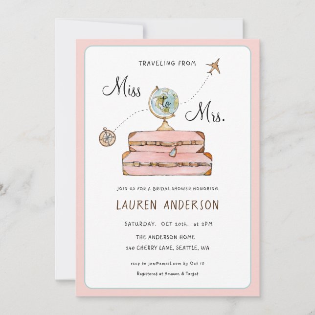 Invitación Ducha de novia temática de viajes (Anverso)