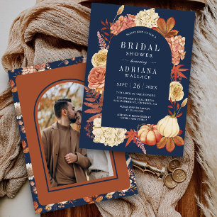 Invitación Ducha de Novia Terracota Floral Azul Marino