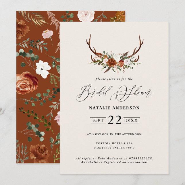 Invitación Ducha de novia terracota set elegante flora rústic (Anverso / Reverso)