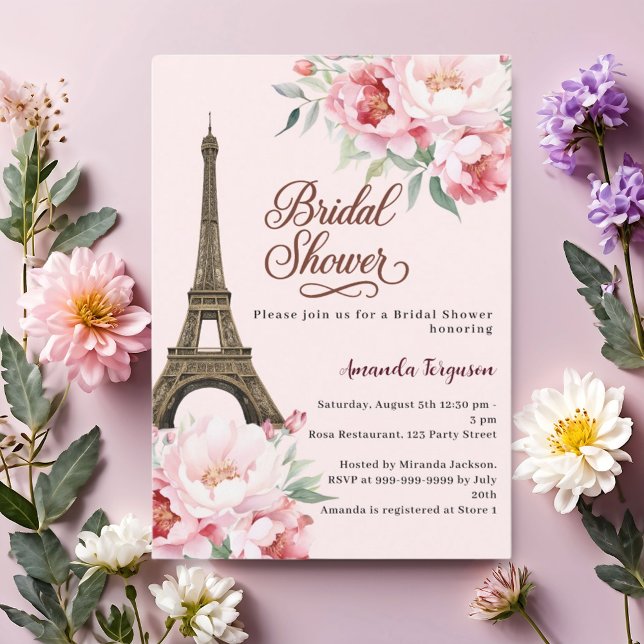Invitación Ducha de novia Torre Eiffel de París flores rosada (Subido por el creador)