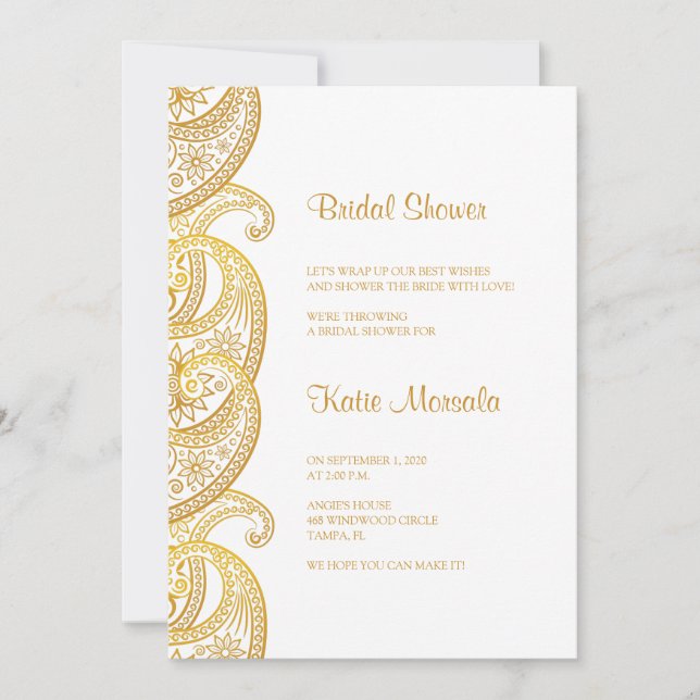 Invitación Ducha de novia tradicional india Gold Paisley (Anverso)
