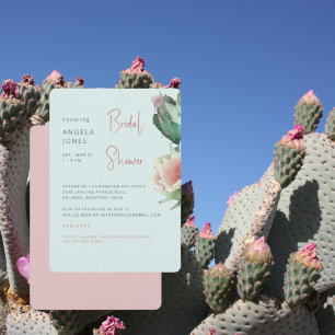 Invitación Ducha de Novia Tropical Cactus Turquesa y Rosa