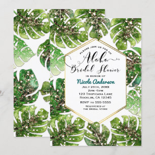 Invitación Ducha de Novia Tropical Hojas Brillo Purpurina Dor