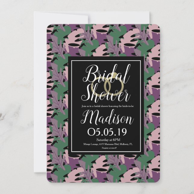 Invitación Ducha de Novia Tropical Monstera Morado Falso Dora (Anverso)