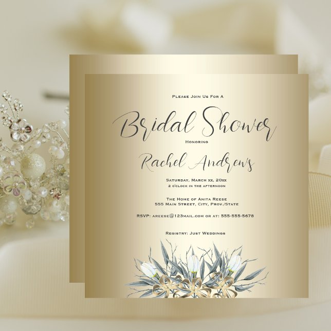 Invitación Ducha de novia, tulipanes blancos, oro (Bridal Shower, White Tulips, Gold Invitation)