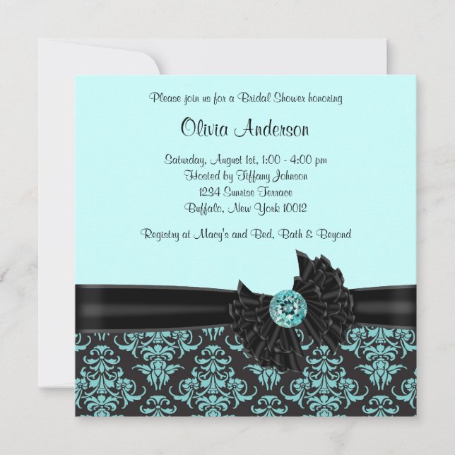 Invitación Ducha de novia verde azulada azul negro Damask (Anverso)