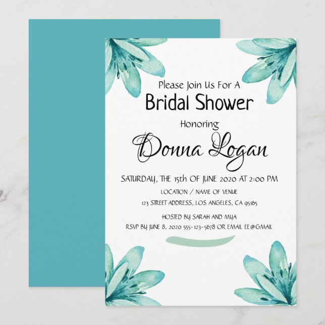 Invitación Ducha de novia Verde azulada floral personalizada (Anverso / Reverso)