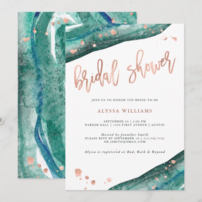 Invitación Ducha de novia verde azulada y falsa Rosa Gold Geo (Anverso / Reverso)