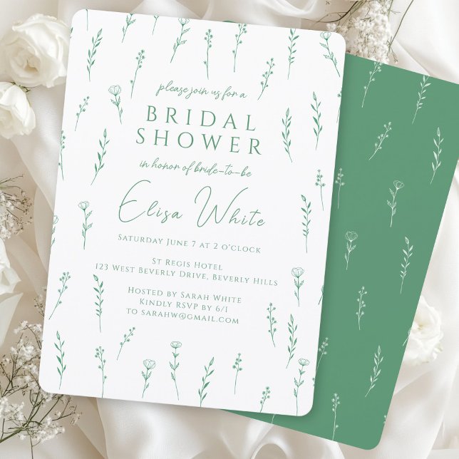 Invitación Ducha de Novia Verde con Flores Silvestres Dispers (Delicate Scattered Wildflowers Green Bridal Shower Invitation
)