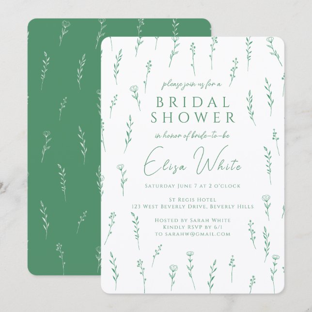 Invitación Ducha de Novia Verde con Flores Silvestres Dispers (Anverso / Reverso)