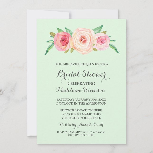Invitación Ducha de novia verde de la menta floral rosa de Ru (Reverso)