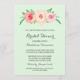 Invitación Ducha de novia verde de la menta floral rosa de Ru