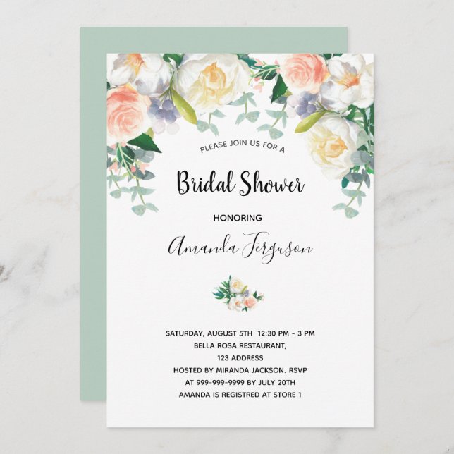 Invitación Ducha de novia verde eacalyptus floral rosa Rubor (Anverso / Reverso)