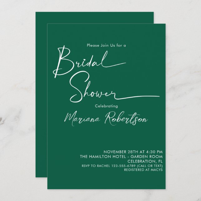 Invitación Ducha de novia verde esmeralda con guión moderno (Anverso / Reverso)