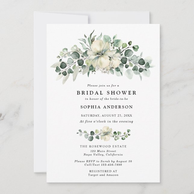 Invitación Ducha de Novia Verde Eucalipto (Anverso)