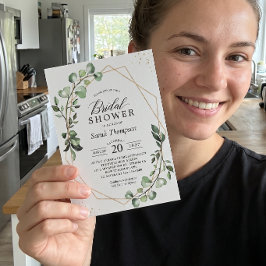 Invitación Ducha de Novia Verde Eucalipto Dorado Geométrico