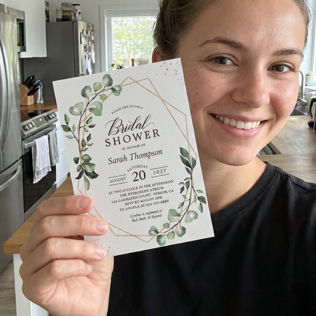 Invitación Ducha de Novia Verde Eucalipto Dorado Geométrico (Subido por el creador)