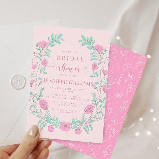 Invitación Ducha de novia verde rosa verde azulada con flores (Subido por el creador)