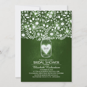 Invitación ducha de novia verde rústica con tarro de masón co