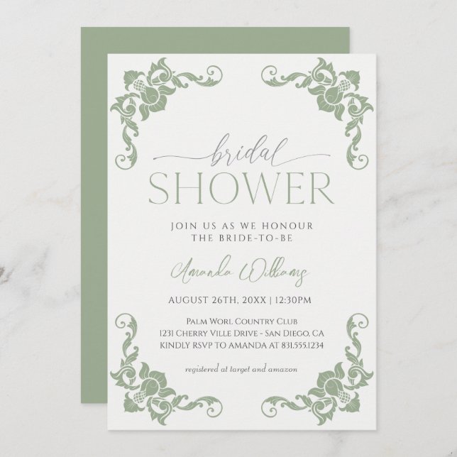 Invitación Ducha de novia verde sabio de Francia victoriana (Anverso / Reverso)