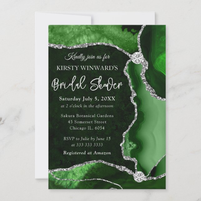 Invitación Ducha de Novia Verde y Plateado con Brillo Falso d (Anverso)