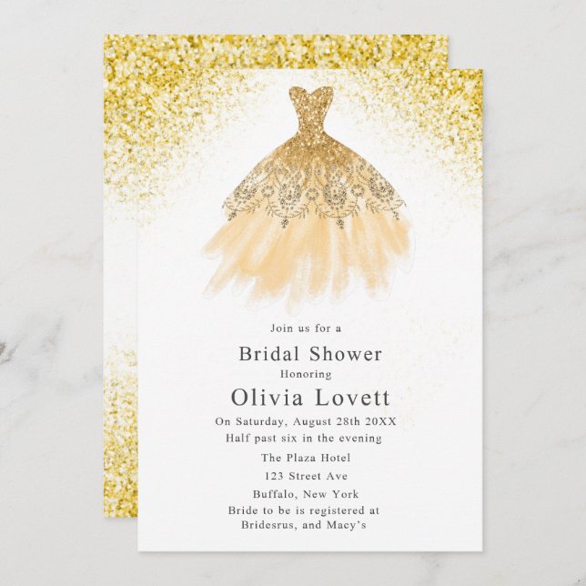 Invitación Ducha de novia vestida con champán de oro (Anverso / Reverso)