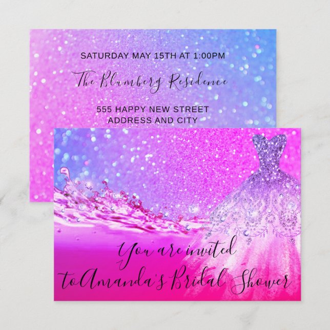 Invitación Ducha de novia Vestido rosa brillante Purpurina Om (Anverso / Reverso)