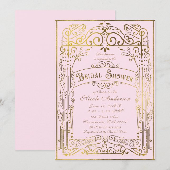 Invitación Ducha de novia victoriana rosa y dorada Rubor (Anverso / Reverso)