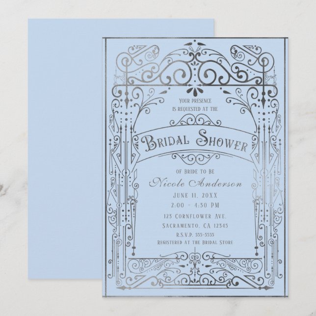 Invitación Ducha de novia victoriana victoriana de plata azul (Anverso / Reverso)
