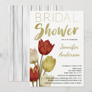 Invitación Ducha de Novia Vintage Tulip Rojo Blanco Dorado