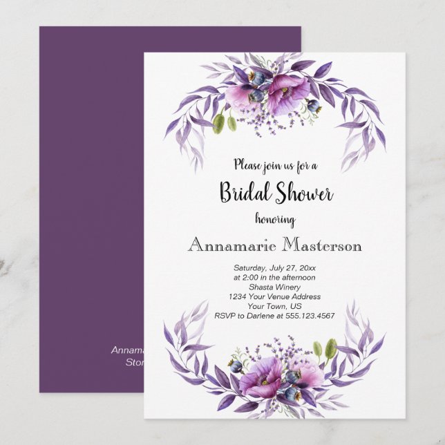 Invitación Ducha de novia violeta morada de lavanda floral (Anverso / Reverso)