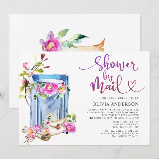 Invitación Ducha de novia virtual acuarela por correo (Anverso / Reverso)