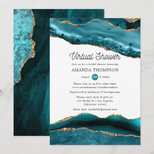 Invitación Ducha de Novia Virtual de Ágata Turquesa y Dorada