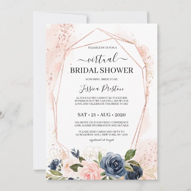 Invitación Ducha de novia virtual floral Rubor de la marina (Anverso)