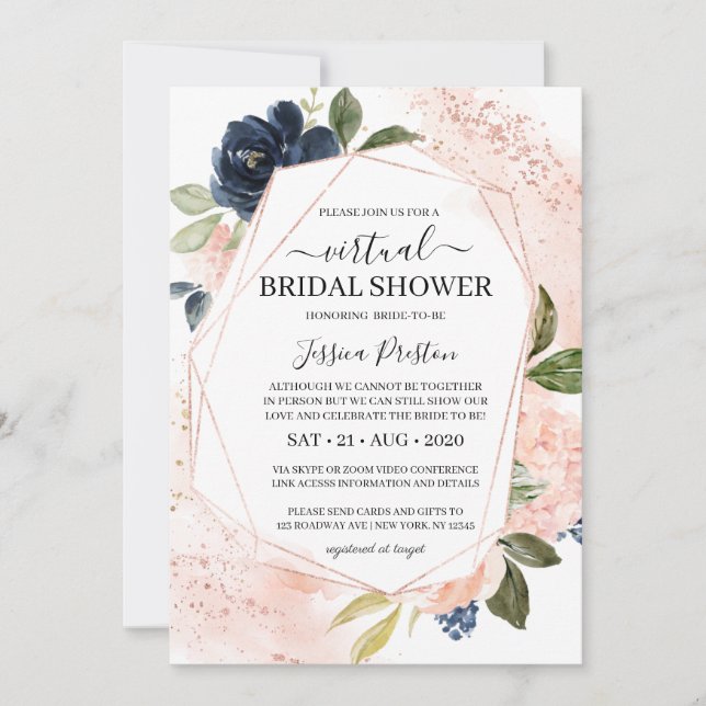Invitación Ducha de novia virtual floral Rubor de la marina (Anverso)