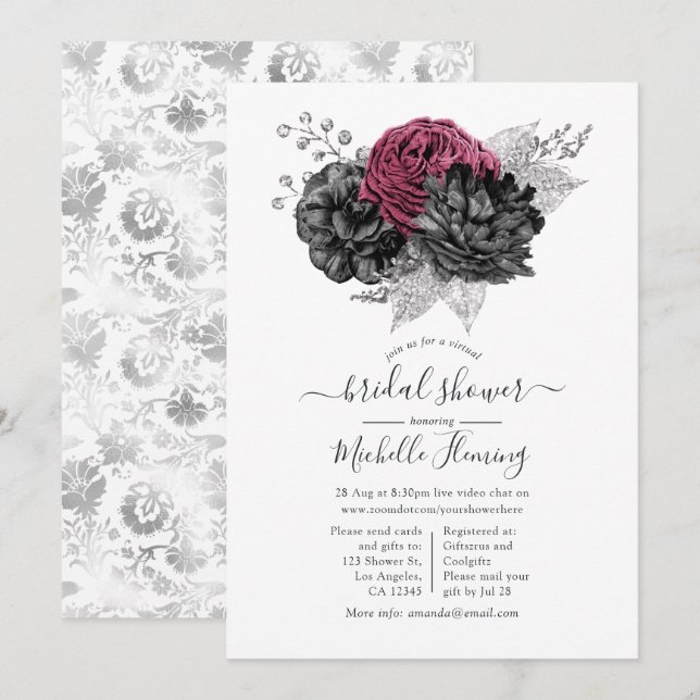Invitación Ducha de novia virtual Marsala, negra y plateada (Anverso / Reverso)