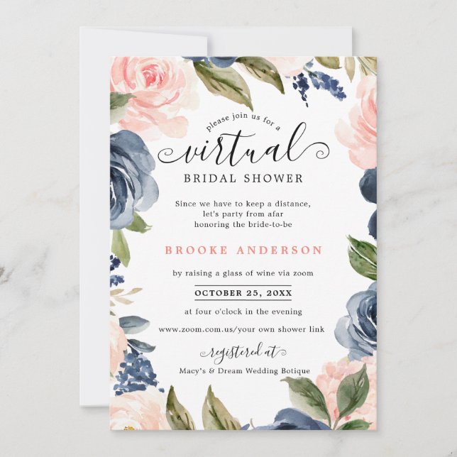 Invitación Ducha de novia virtual rosa rosa rosa rosa azul de (Anverso)